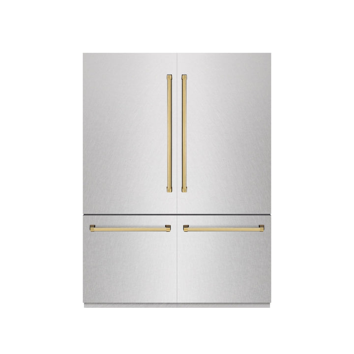 ZLINE Autograph Edition 60 in. 32.2 cu. ft. French Door Built-In Bottom Freezer Refrigerator with Water Dispenser and Ice Maker in Satin Stainless Steel with Graphite Gray Interior and Polished Gold Accents (GRBIVZ-SN-60-G)