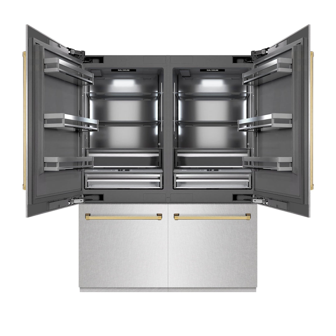 ZLINE Autograph Edition 60 in. 32.2 cu. ft. French Door Built-In Bottom Freezer Refrigerator with Water Dispenser and Ice Maker in Satin Stainless Steel with Graphite Gray Interior and Polished Gold Accents (GRBIVZ-SN-60-G)