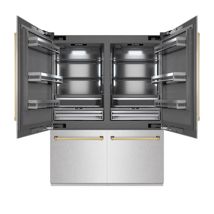 ZLINE Autograph Edition 60 in. 32.2 cu. ft. French Door Built-In Bottom Freezer Refrigerator with Water Dispenser and Ice Maker in Satin Stainless Steel with Graphite Gray Interior and Polished Gold Accents (GRBIVZ-SN-60-G)