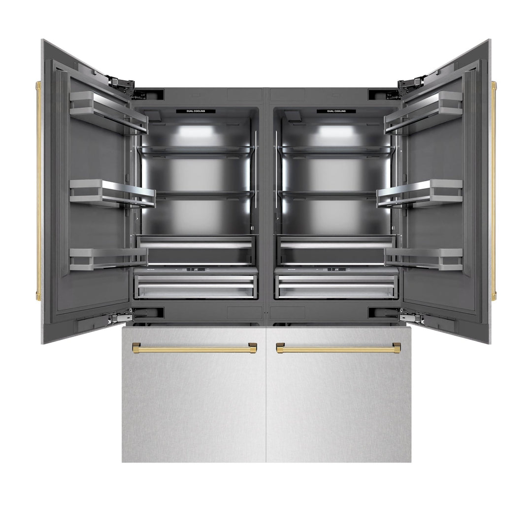 ZLINE Autograph Edition 60 in. 32.2 cu. ft. French Door Built-In Bottom Freezer Refrigerator with Water Dispenser and Ice Maker in Satin Stainless Steel with Graphite Gray Interior and Polished Gold Accents (GRBIVZ-SN-60-G)