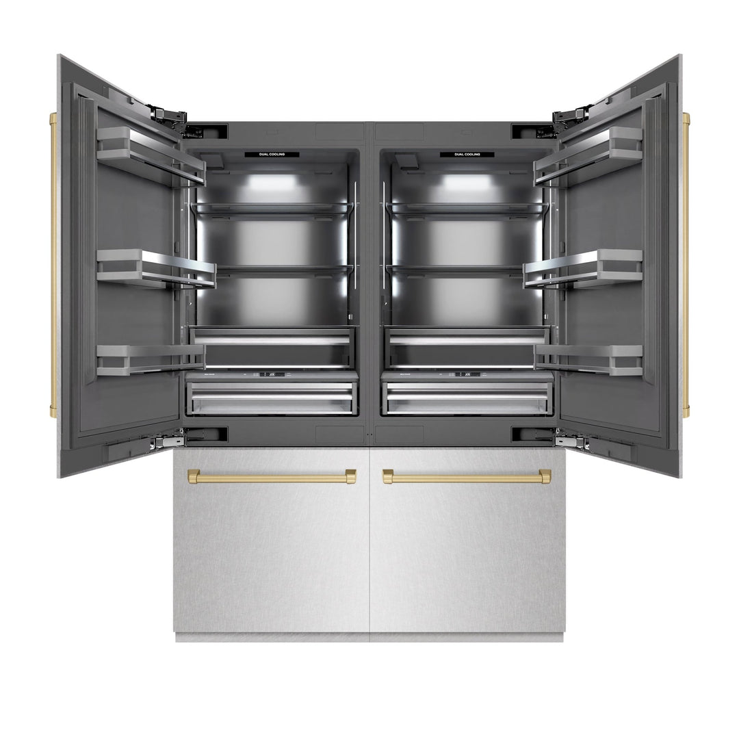 ZLINE Autograph Edition 60 in. 32.2 cu. ft. French Door Built-In Bottom Freezer Refrigerator with Water Dispenser and Ice Maker in Satin Stainless Steel with Graphite Gray Interior and Champagne Bronze Accents (GRBIVZ-SN-60-CB)