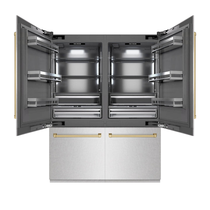 ZLINE Autograph Edition 60 in. 32.2 cu. ft. French Door Built-In Bottom Freezer Refrigerator with Water Dispenser and Ice Maker in Satin Stainless Steel with Graphite Gray Interior and Champagne Bronze Accents (GRBIVZ-SN-60-CB)