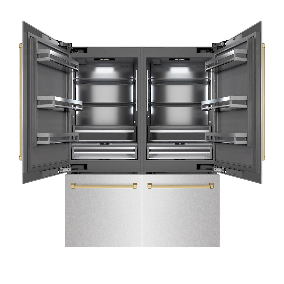 ZLINE Autograph Edition 60 in. 32.2 cu. ft. French Door Built-In Bottom Freezer Refrigerator with Water Dispenser and Ice Maker in Satin Stainless Steel with Graphite Gray Interior and Champagne Bronze Accents (GRBIVZ-SN-60-CB)