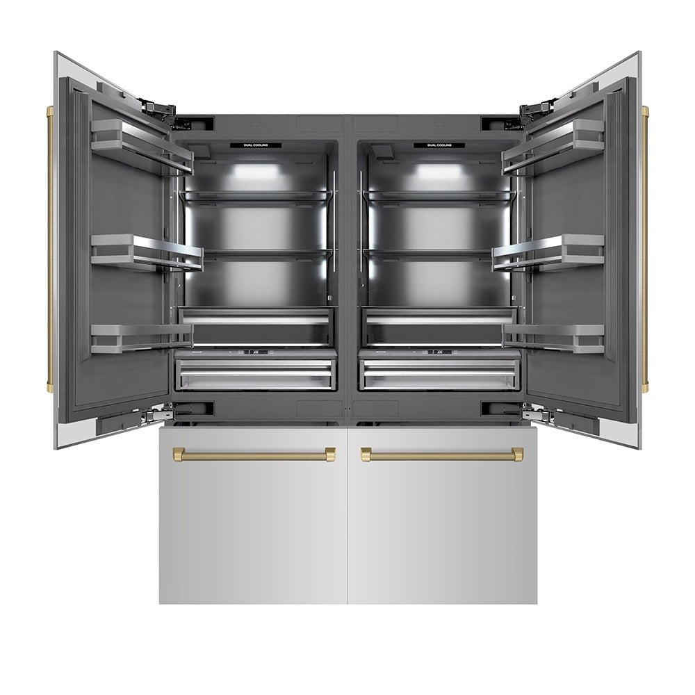 ZLINE Autograph Edition 60 in. 32.2 cu. ft. French Door Built-In Bottom Freezer Refrigerator with Water Dispenser and Ice Maker in Stainless Steel with Graphite Gray Interior and Champagne Bronze Helix Handles (GRBIVZ-30460KCB)
