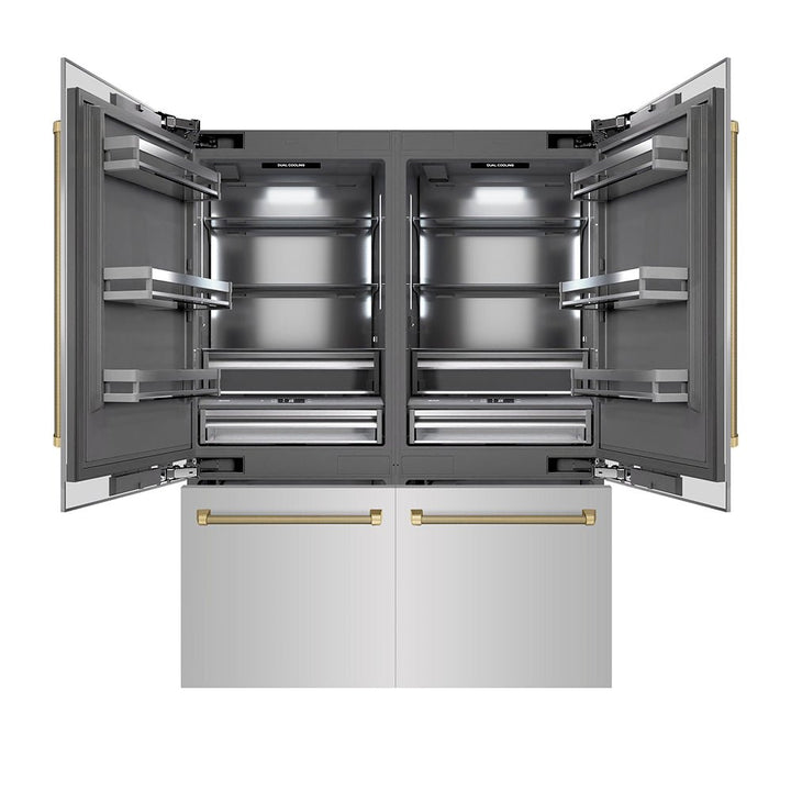 ZLINE Autograph Edition 60 in. 32.2 cu. ft. French Door Built-In Bottom Freezer Refrigerator with Water Dispenser and Ice Maker in Stainless Steel with Graphite Gray Interior and Champagne Bronze Helix Handles (GRBIVZ-30460KCB)