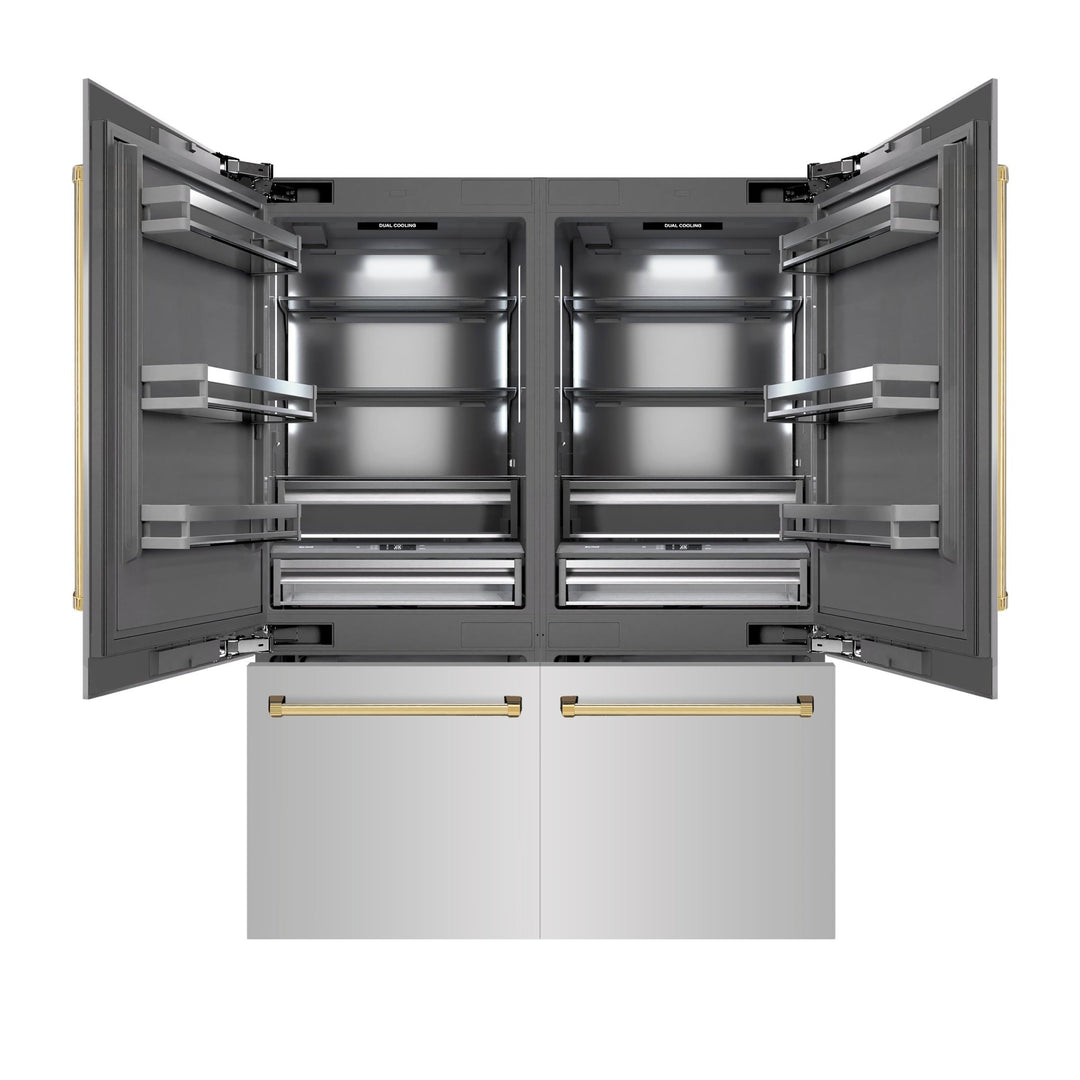 ZLINE Autograph Edition 60 in. 32.2 cu. ft. French Door Built-In Bottom Freezer Refrigerator with Water Dispenser and Ice Maker in Stainless Steel with Graphite Gray Interior and Polished Gold Accents (GRBIVZ-304-60G)