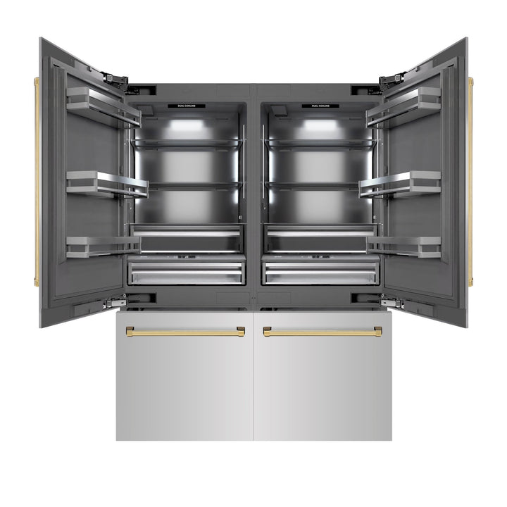 ZLINE Autograph Edition 60 in. 32.2 cu. ft. French Door Built-In Bottom Freezer Refrigerator with Water Dispenser and Ice Maker in Stainless Steel with Graphite Gray Interior and Polished Gold Accents (GRBIVZ-304-60G)