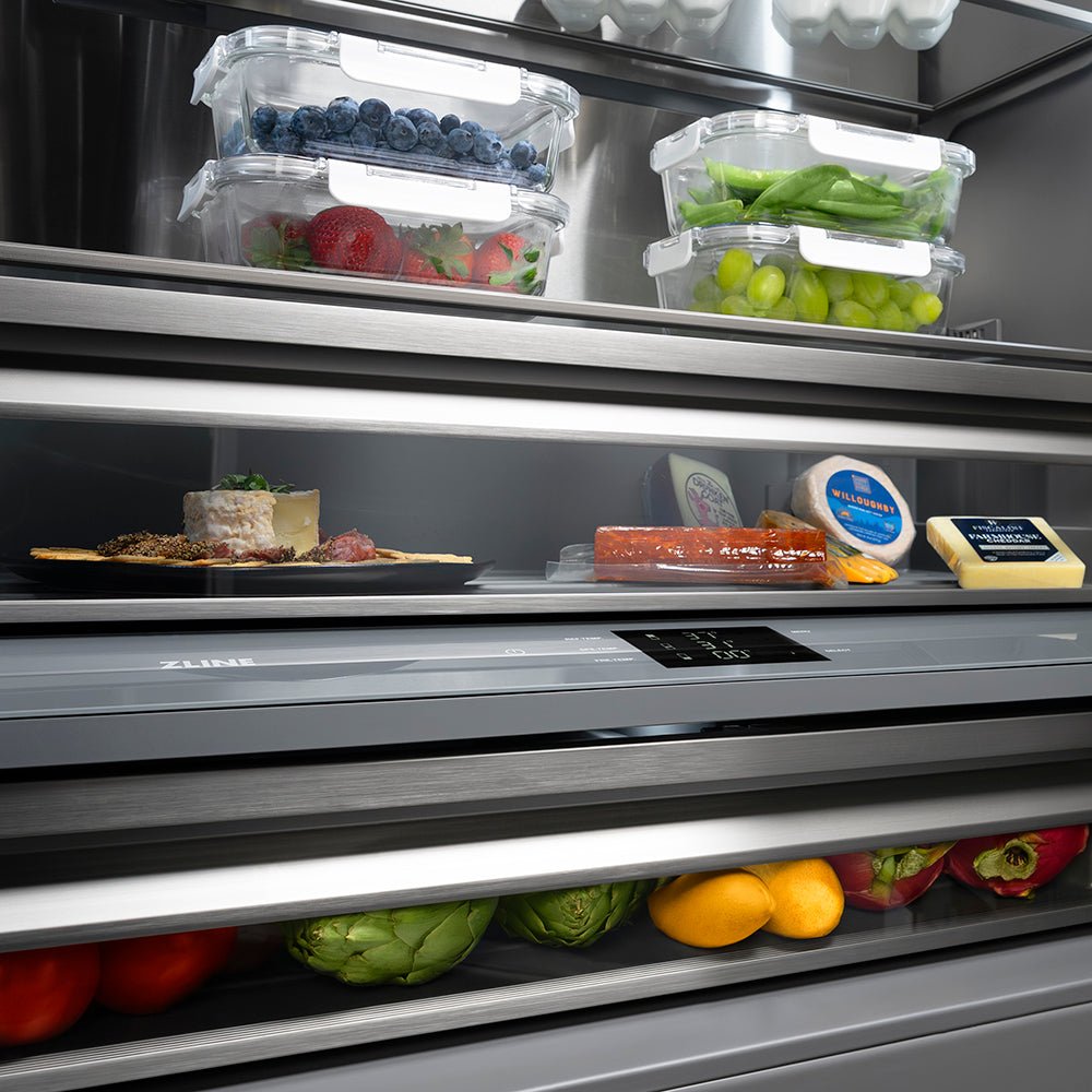 ZLINE Autograph Edition 60 in. 32.2 cu. ft. French Door Built-In Bottom Freezer Refrigerator with Water Dispenser and Ice Maker in Stainless Steel with Graphite Gray Interior and Polished Nickel Helix Handles (GRBIVZ-30460KPN)