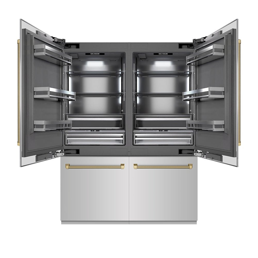 ZLINE Autograph Edition 60 in. 32.2 cu. ft. French Door Built-In Bottom Freezer Refrigerator with Water Dispenser and Ice Maker in Stainless Steel with Graphite Gray Interior and Champagne Bronze Helix Handles (GRBIVZ-30460KCB)