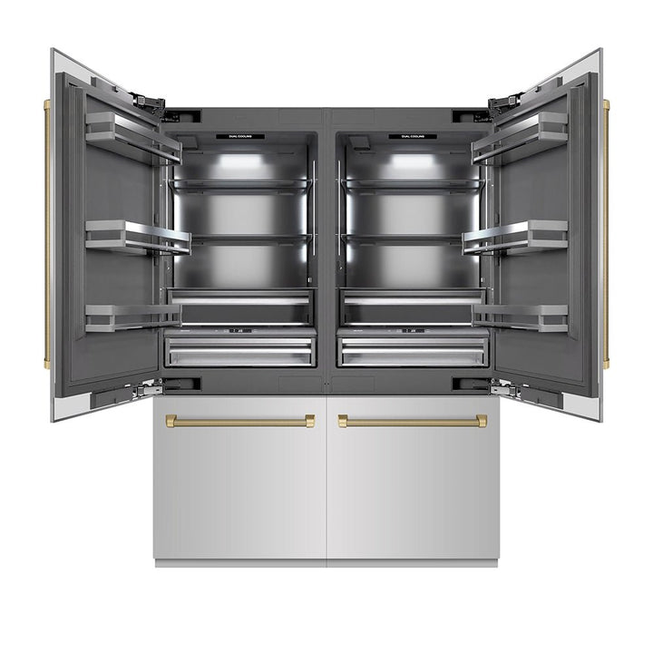 ZLINE Autograph Edition 60 in. 32.2 cu. ft. French Door Built-In Bottom Freezer Refrigerator with Water Dispenser and Ice Maker in Stainless Steel with Graphite Gray Interior and Champagne Bronze Helix Handles (GRBIVZ-30460KCB)