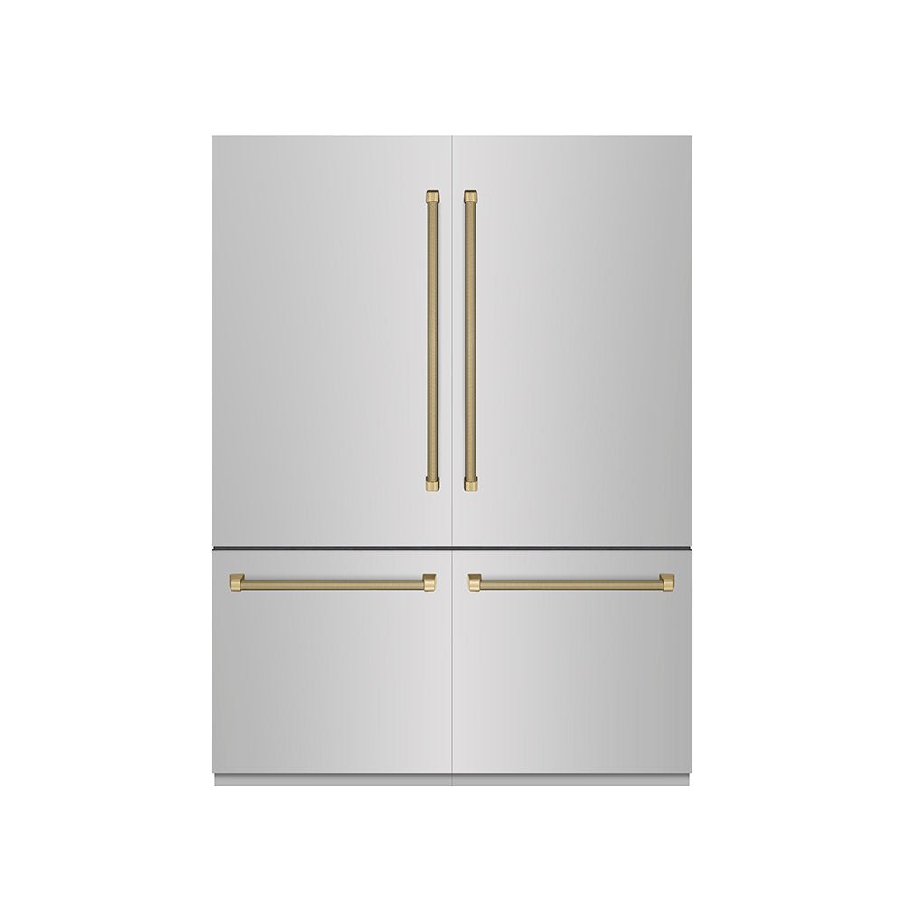 ZLINE Autograph Edition 60 in. 32.2 cu. ft. French Door Built-In Bottom Freezer Refrigerator with Water Dispenser and Ice Maker in Stainless Steel with Graphite Gray Interior and Champagne Bronze Helix Handles (GRBIVZ-30460KCB)