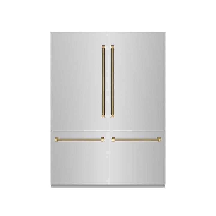 ZLINE Autograph Edition 60 in. 32.2 cu. ft. French Door Built-In Bottom Freezer Refrigerator with Water Dispenser and Ice Maker in Stainless Steel with Graphite Gray Interior and Champagne Bronze Helix Handles (GRBIVZ-30460KCB)