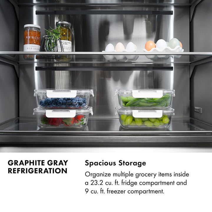 ZLINE Autograph Edition 60 in. 32.2 cu. ft. French Door Built-In Bottom Freezer Refrigerator with Water Dispenser and Ice Maker in Stainless Steel with Graphite Gray Interior and Champagne Bronze Helix Handles (GRBIVZ-30460KCB)
