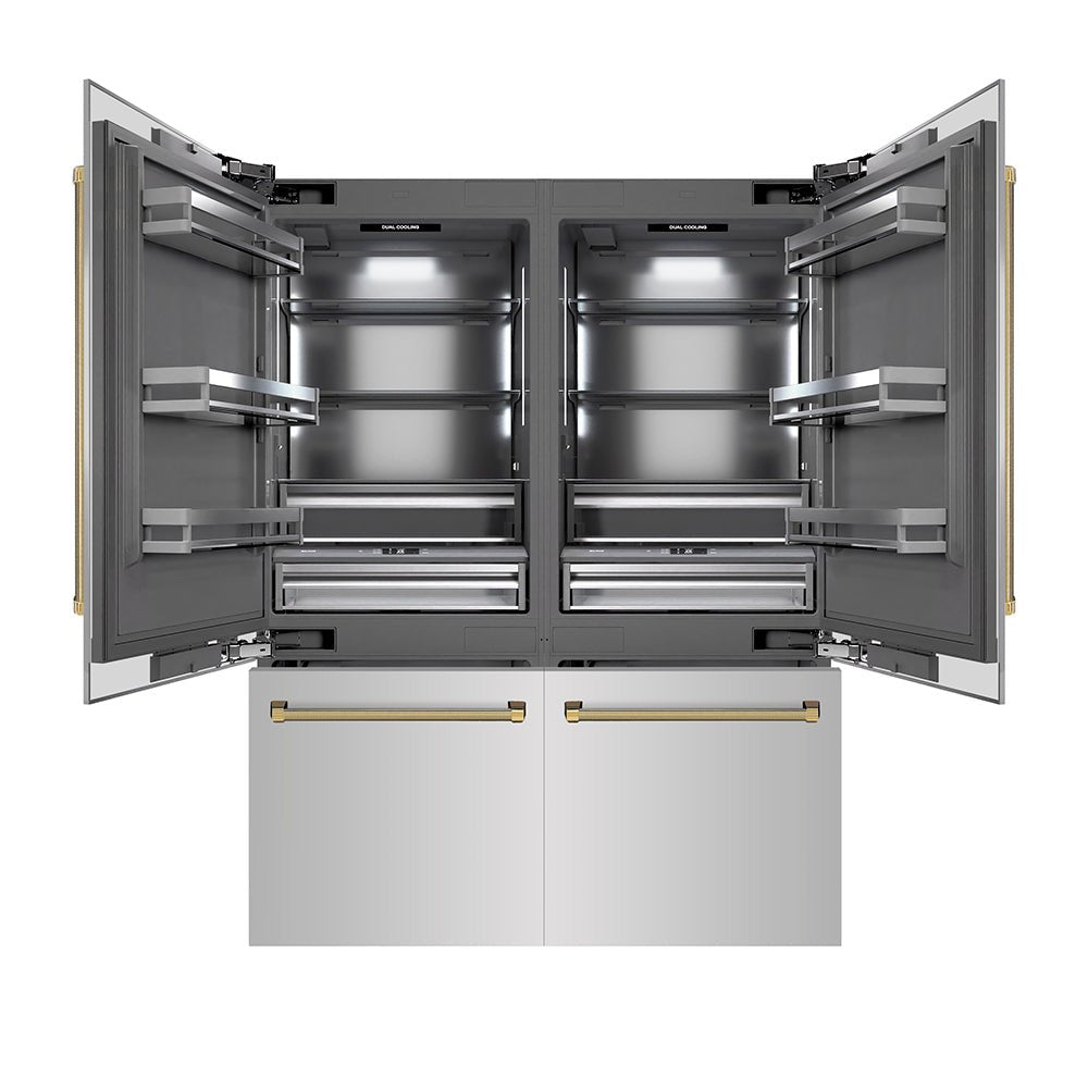 ZLINE Autograph Edition 60 in. 32.2 cu. ft. French Door Built-In Bottom Freezer Refrigerator with Water Dispenser and Ice Maker in Stainless Steel with Graphite Gray Interior and Polished Gold Helix Handles (GRBIVZ-30460KG)