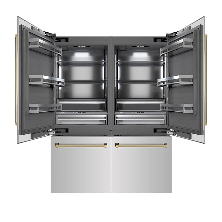 ZLINE Autograph Edition 60 in. 32.2 cu. ft. French Door Built-In Bottom Freezer Refrigerator with Water Dispenser and Ice Maker in Stainless Steel with Graphite Gray Interior and Polished Gold Helix Handles (GRBIVZ-30460KG)