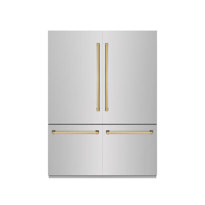 ZLINE Autograph Edition 60 in. 32.2 cu. ft. French Door Built-In Bottom Freezer Refrigerator with Water Dispenser and Ice Maker in Stainless Steel with Graphite Gray Interior and Polished Gold Accents (GRBIVZ-304-60G)