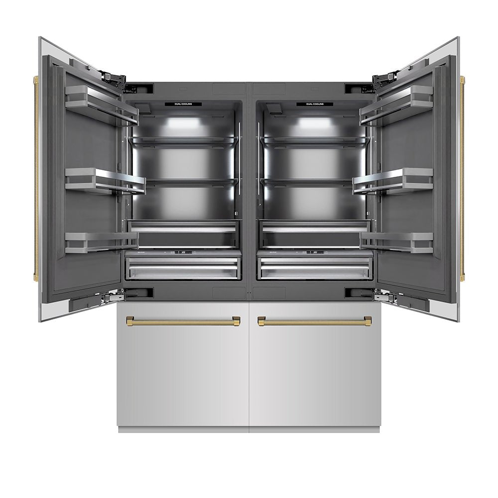 ZLINE Autograph Edition 60 in. 32.2 cu. ft. French Door Built-In Bottom Freezer Refrigerator with Water Dispenser and Ice Maker in Stainless Steel with Graphite Gray Interior and Polished Gold Helix Handles (GRBIVZ-30460KG)