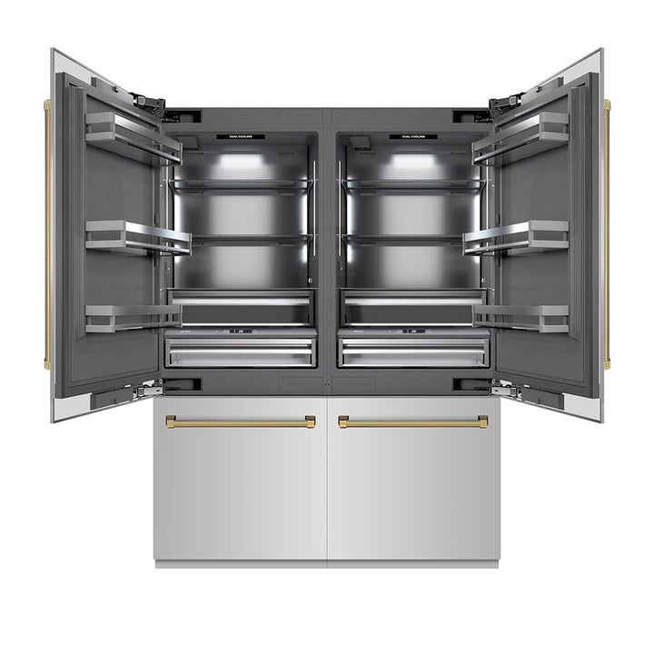 ZLINE Autograph Edition 60 in. 32.2 cu. ft. French Door Built-In Bottom Freezer Refrigerator with Water Dispenser and Ice Maker in Stainless Steel with Graphite Gray Interior and Polished Gold Helix Handles (GRBIVZ-30460KG)