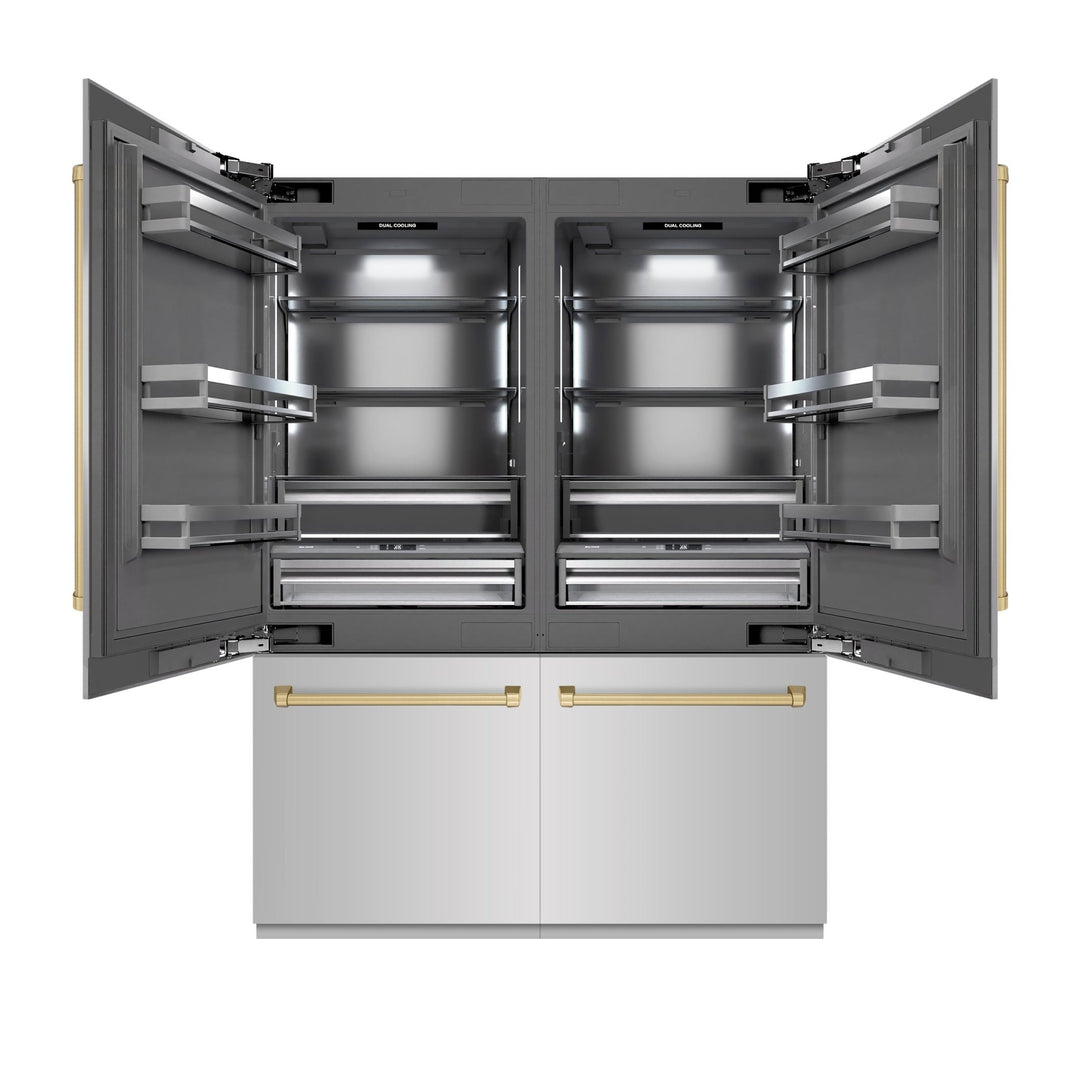 ZLINE Autograph Edition 60 in. 32.2 cu. ft. French Door Built-In Bottom Freezer Refrigerator with Water Dispenser and Ice Maker in Stainless Steel with Graphite Gray Interior and Champagne Bronze Accents (GRBIVZ-304-60CB)
