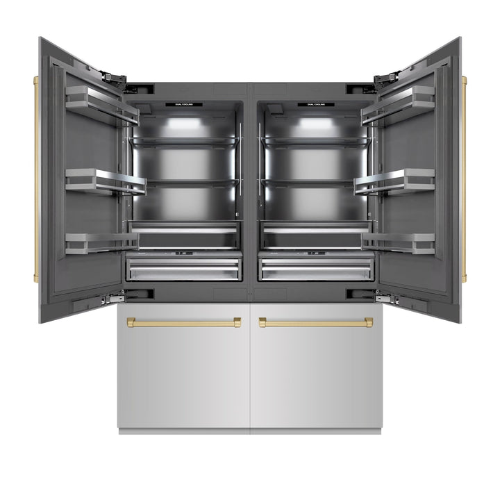 ZLINE Autograph Edition 60 in. 32.2 cu. ft. French Door Built-In Bottom Freezer Refrigerator with Water Dispenser and Ice Maker in Stainless Steel with Graphite Gray Interior and Champagne Bronze Accents (GRBIVZ-304-60CB)