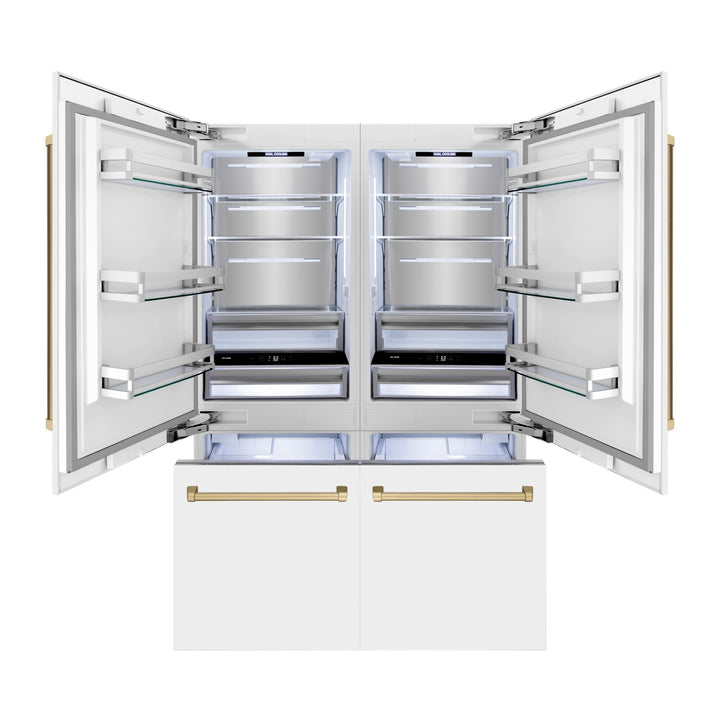 ZLINE Autograph Edition 60 in. 32.2 cu. ft. French Door Built-In Bottom Freezer Refrigerator with Water Dispenser and Ice Maker in White Matte with Champagne Bronze Accents (RBIVZ-WM-60-CB)
