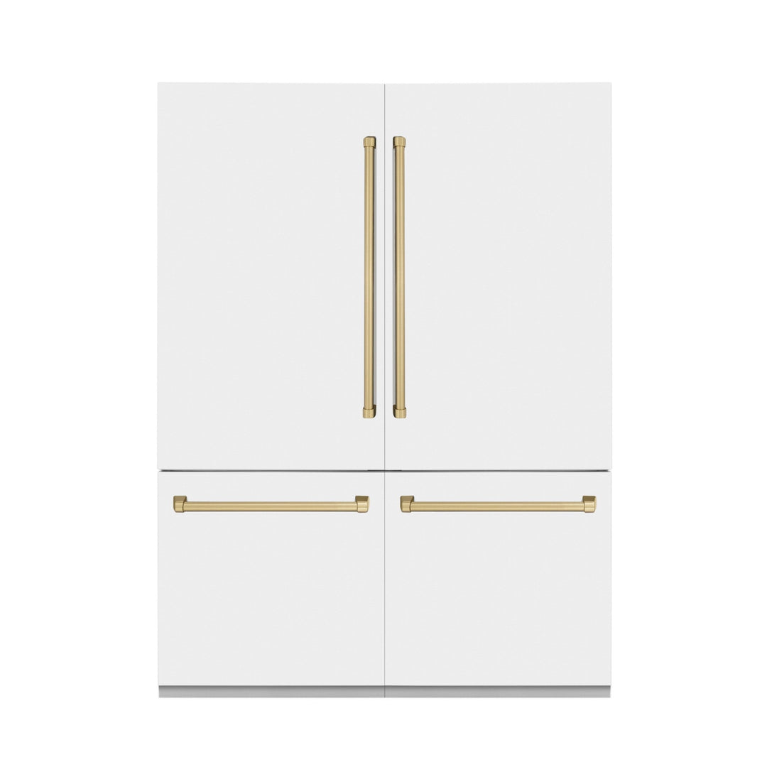 ZLINE Autograph Edition 60 in. 32.2 cu. ft. French Door Built-In Bottom Freezer Refrigerator with Water Dispenser and Ice Maker in White Matte with Champagne Bronze Accents (RBIVZ-WM-60-CB)