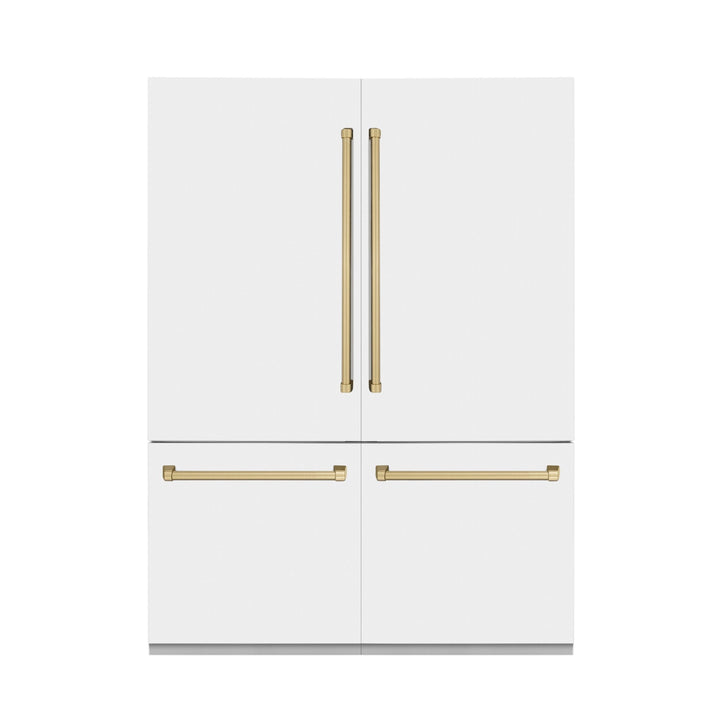 ZLINE Autograph Edition 60 in. 32.2 cu. ft. French Door Built-In Bottom Freezer Refrigerator with Water Dispenser and Ice Maker in White Matte with Champagne Bronze Accents (RBIVZ-WM-60-CB)