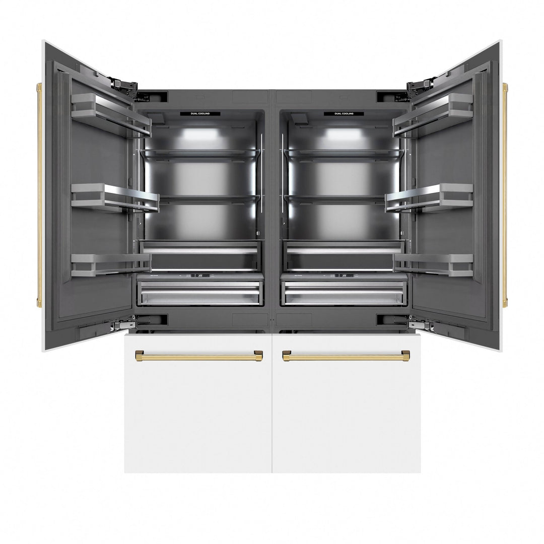 ZLINE Autograph Edition 60 in. 32.2 cu. ft. French Door Built-In Bottom Freezer Refrigerator with Water Dispenser and Ice Maker in White Matte with Graphite Gray Interior and Polished Gold Accents (GRBIVZ-WM-60-G)