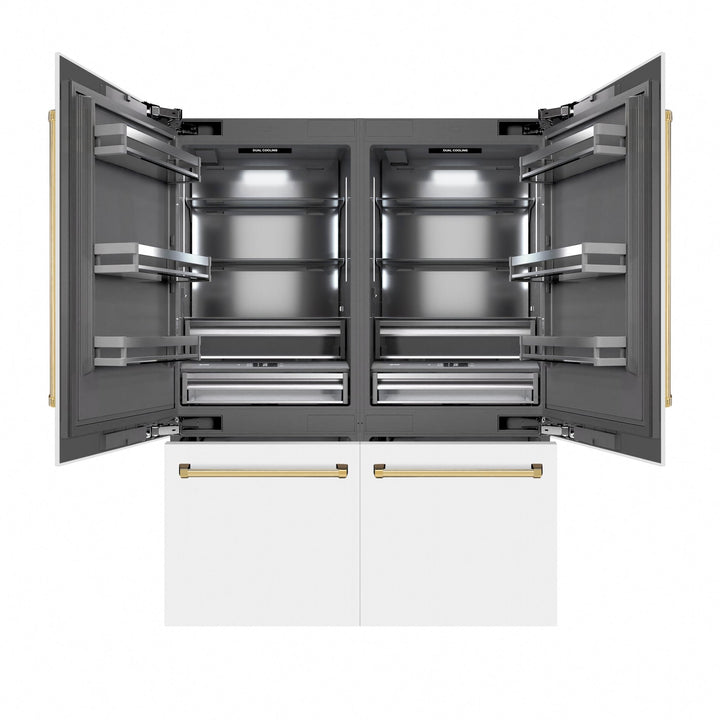 ZLINE Autograph Edition 60 in. 32.2 cu. ft. French Door Built-In Bottom Freezer Refrigerator with Water Dispenser and Ice Maker in White Matte with Graphite Gray Interior and Polished Gold Accents (GRBIVZ-WM-60-G)