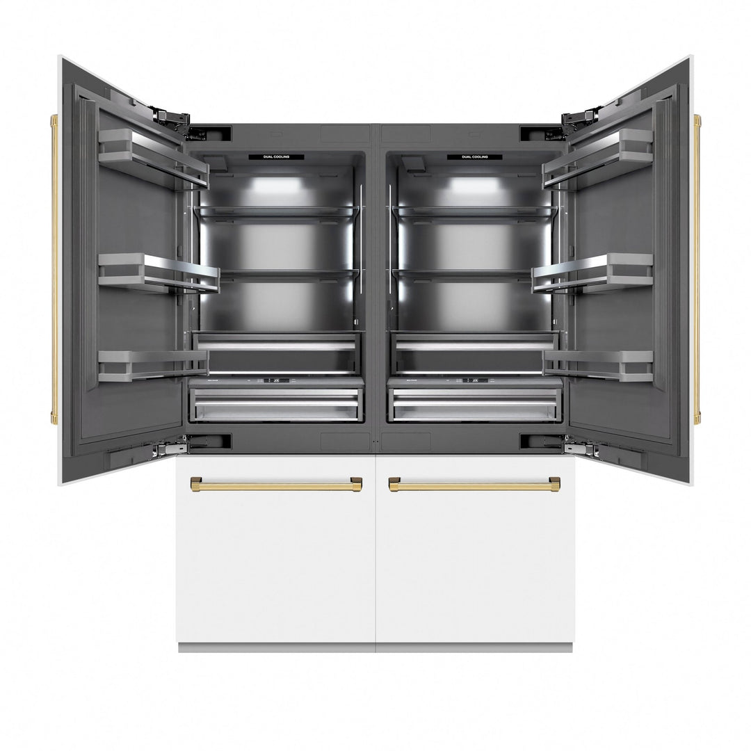 ZLINE Autograph Edition 60 in. 32.2 cu. ft. French Door Built-In Bottom Freezer Refrigerator with Water Dispenser and Ice Maker in White Matte with Graphite Gray Interior and Polished Gold Accents (GRBIVZ-WM-60-G)
