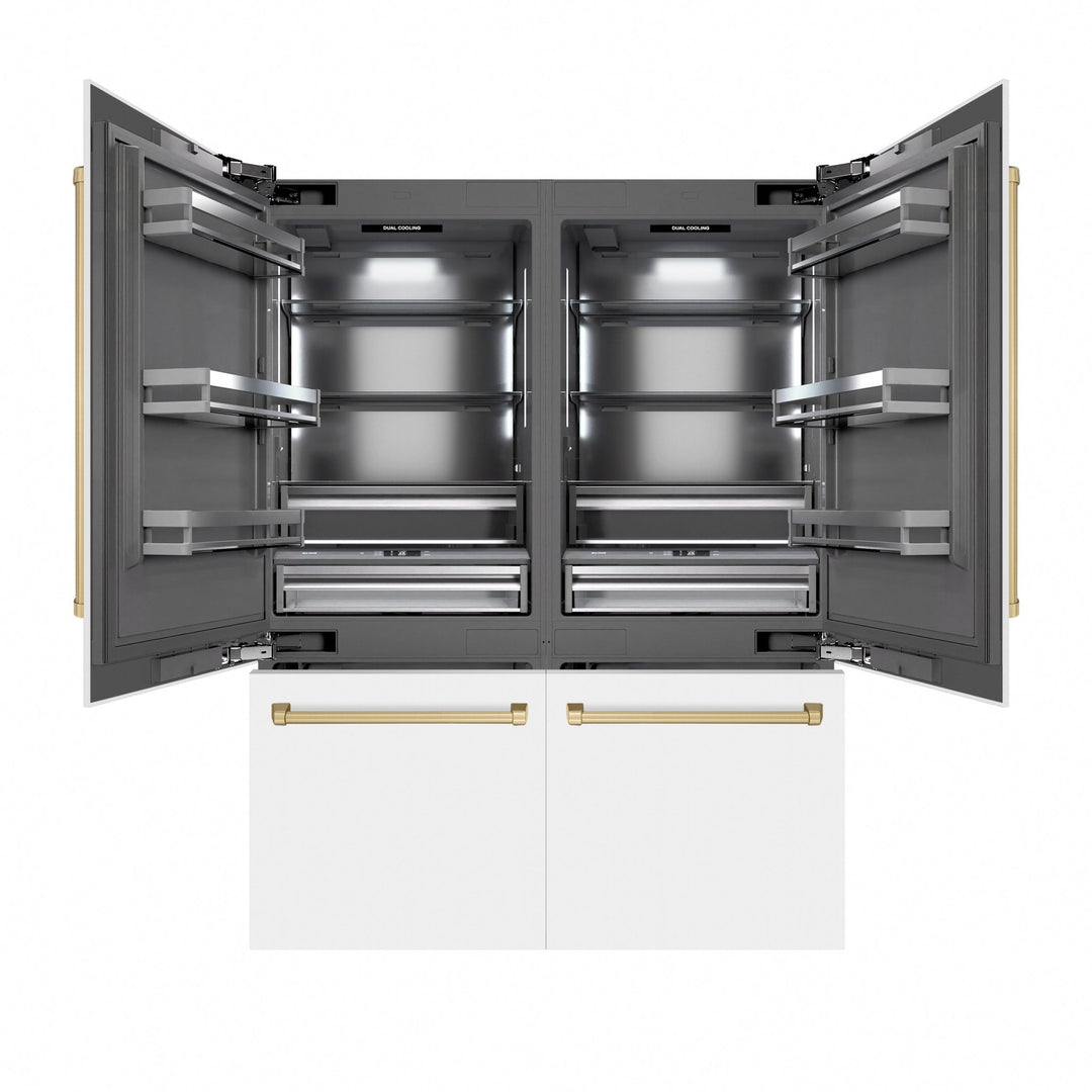 ZLINE Autograph Edition 60 in. 32.2 cu. ft. French Door Built-In Bottom Freezer Refrigerator with Water Dispenser and Ice Maker in White Matte with Graphite Gray Interior and Champagne Bronze Accents (GRBIVZ-WM-60-CB)