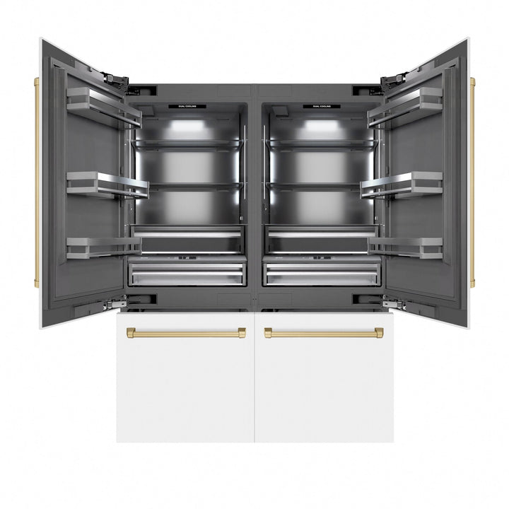 ZLINE Autograph Edition 60 in. 32.2 cu. ft. French Door Built-In Bottom Freezer Refrigerator with Water Dispenser and Ice Maker in White Matte with Graphite Gray Interior and Champagne Bronze Accents (GRBIVZ-WM-60-CB)