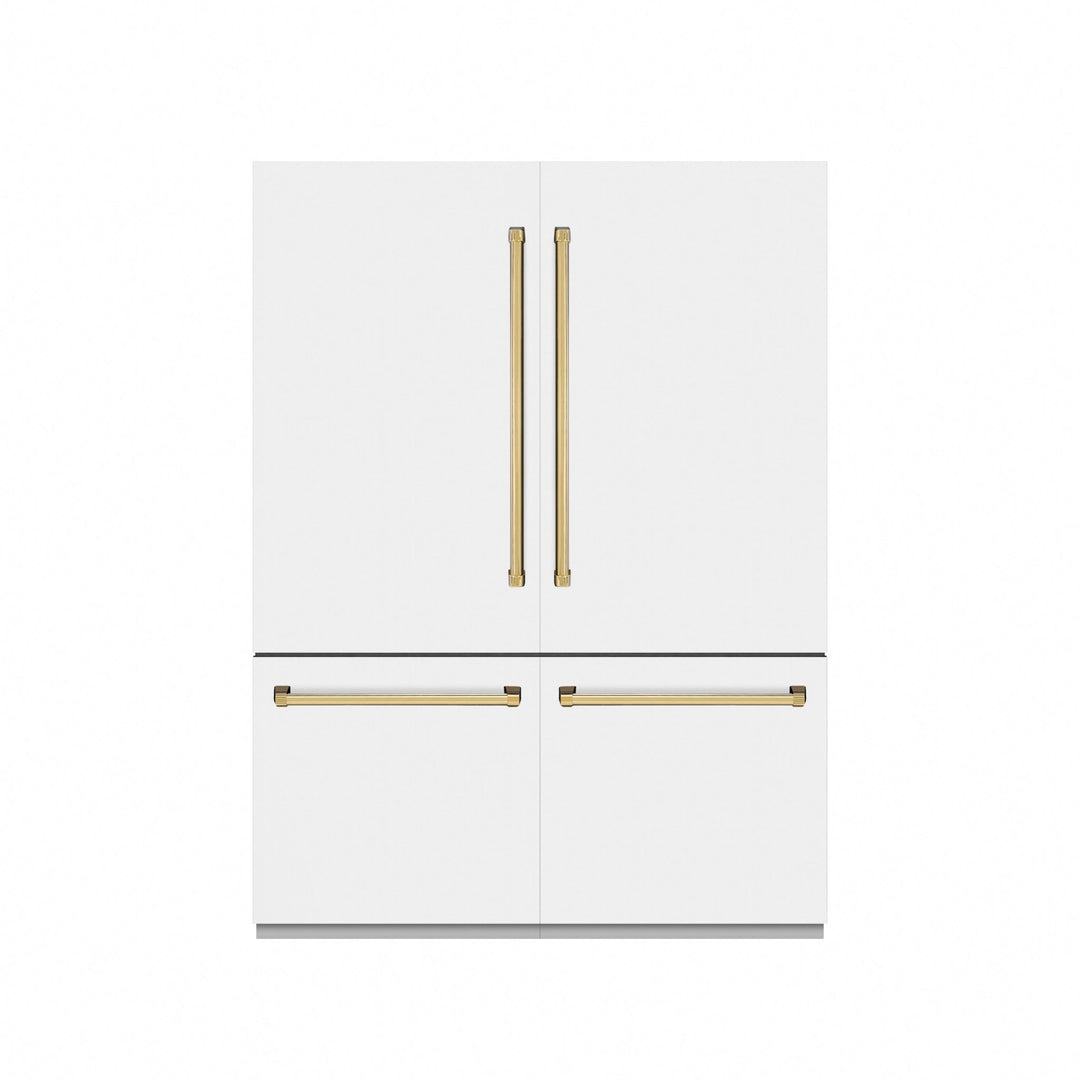 ZLINE Autograph Edition 60 in. 32.2 cu. ft. French Door Built-In Bottom Freezer Refrigerator with Water Dispenser and Ice Maker in White Matte with Graphite Gray Interior and Polished Gold Accents (GRBIVZ-WM-60-G)