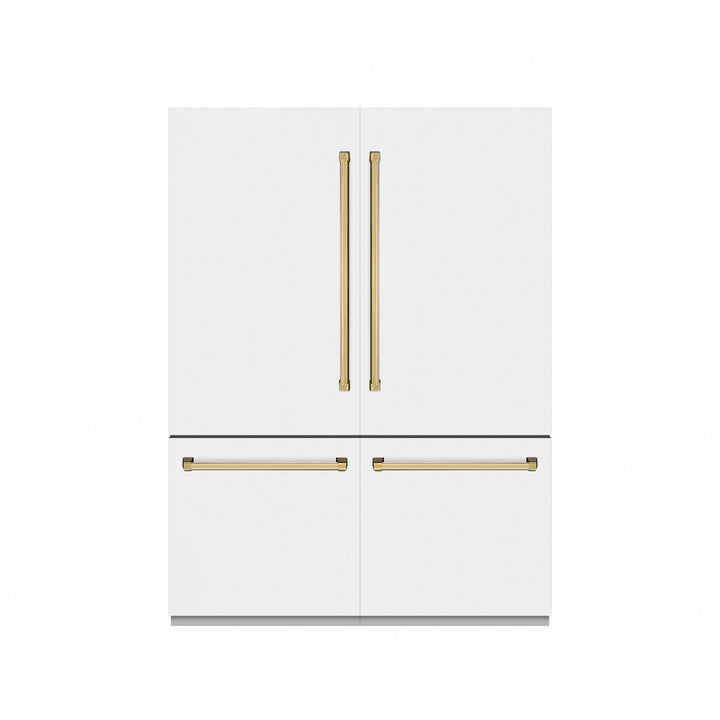 ZLINE Autograph Edition 60 in. 32.2 cu. ft. French Door Built-In Bottom Freezer Refrigerator with Water Dispenser and Ice Maker in White Matte with Graphite Gray Interior and Polished Gold Accents (GRBIVZ-WM-60-G)