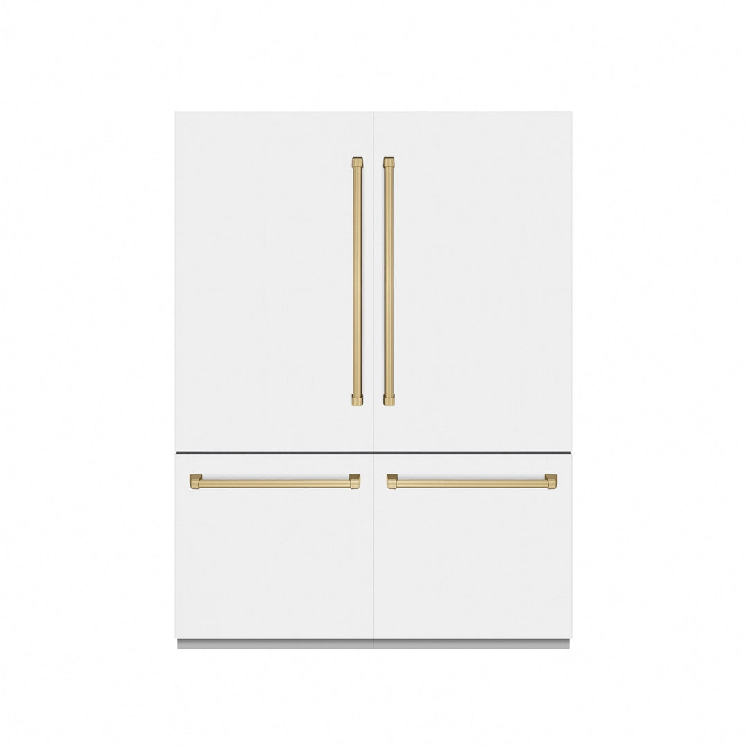 ZLINE Autograph Edition 60 in. 32.2 cu. ft. French Door Built-In Bottom Freezer Refrigerator with Water Dispenser and Ice Maker in White Matte with Graphite Gray Interior and Champagne Bronze Accents (GRBIVZ-WM-60-CB)