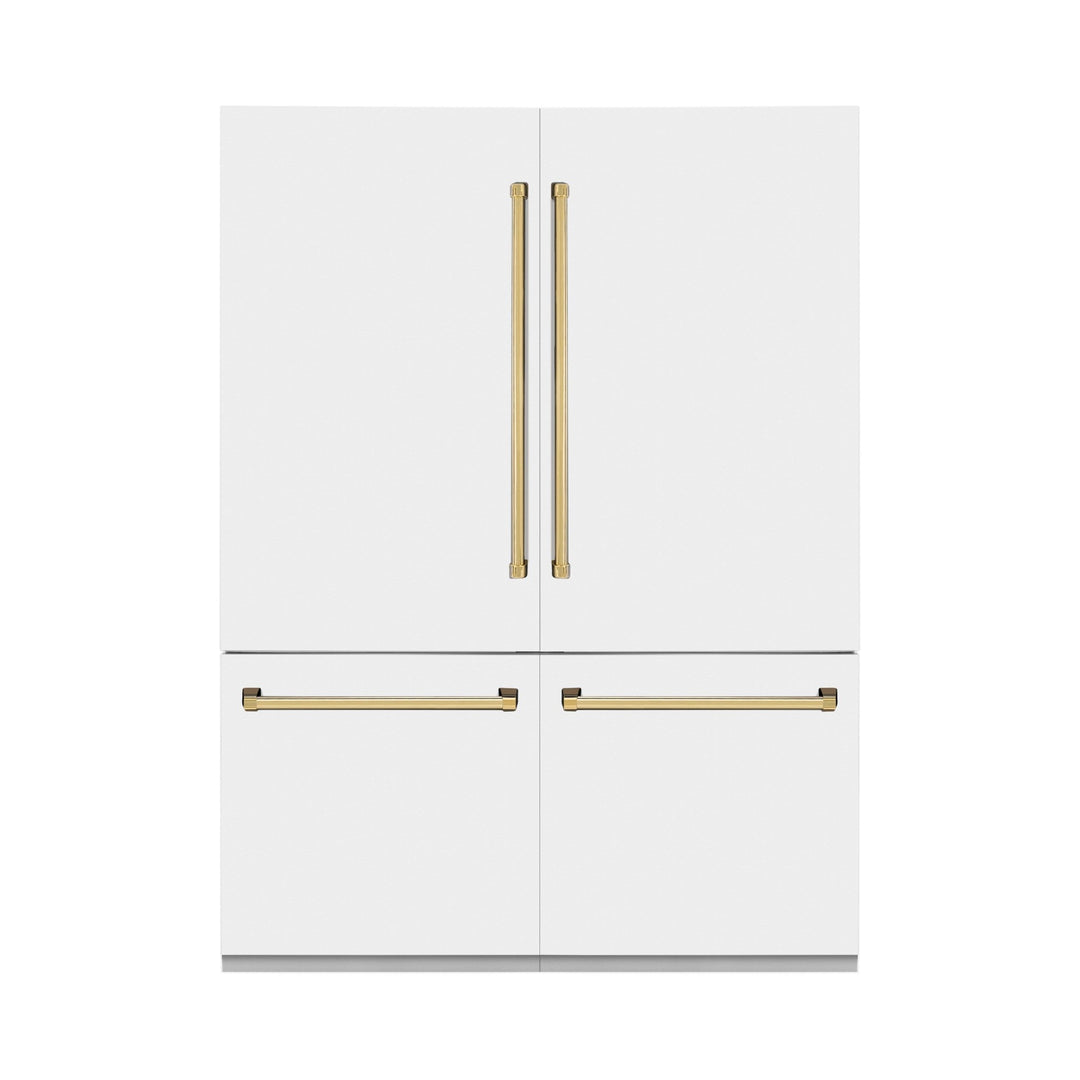 ZLINE Autograph Edition 60 in. 32.2 cu. ft. French Door Built-In Bottom Freezer Refrigerator with Water Dispenser and Ice Maker in White Matte with Polished Gold Accents (RBIVZ-WM-60-G)
