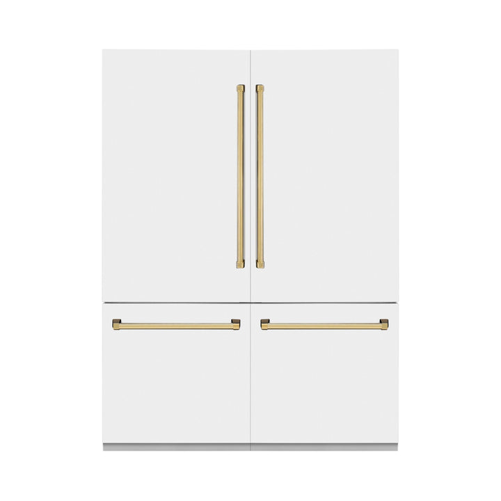 ZLINE Autograph Edition 60 in. 32.2 cu. ft. French Door Built-In Bottom Freezer Refrigerator with Water Dispenser and Ice Maker in White Matte with Polished Gold Accents (RBIVZ-WM-60-G)