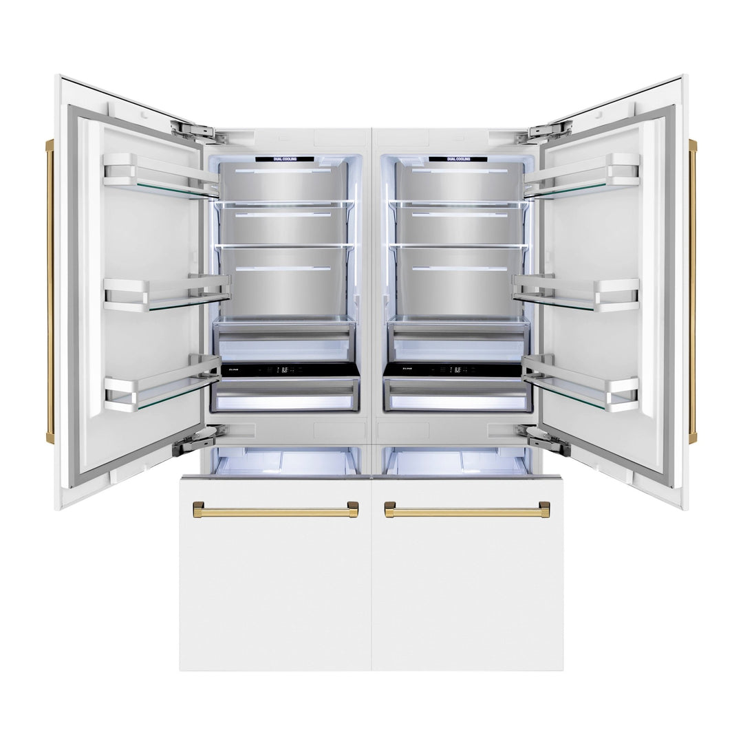 ZLINE Autograph Edition 60 in. 32.2 cu. ft. French Door Built-In Bottom Freezer Refrigerator with Water Dispenser and Ice Maker in White Matte with Polished Gold Accents (RBIVZ-WM-60-G)