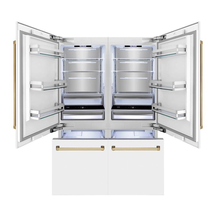 ZLINE Autograph Edition 60 in. 32.2 cu. ft. French Door Built-In Bottom Freezer Refrigerator with Water Dispenser and Ice Maker in White Matte with Polished Gold Accents (RBIVZ-WM-60-G)