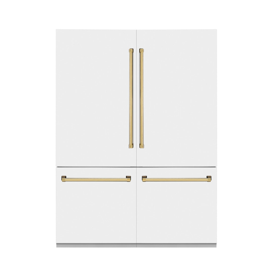 ZLINE Autograph Edition 60 in. 32.2 cu. ft. French Door Built-In Bottom Freezer Refrigerator with Water Dispenser and Ice Maker in White Matte with Polished Gold Accents (RBIVZ-WM-60-G)