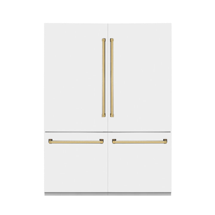 ZLINE Autograph Edition 60 in. 32.2 cu. ft. French Door Built-In Bottom Freezer Refrigerator with Water Dispenser and Ice Maker in White Matte with Polished Gold Accents (RBIVZ-WM-60-G)