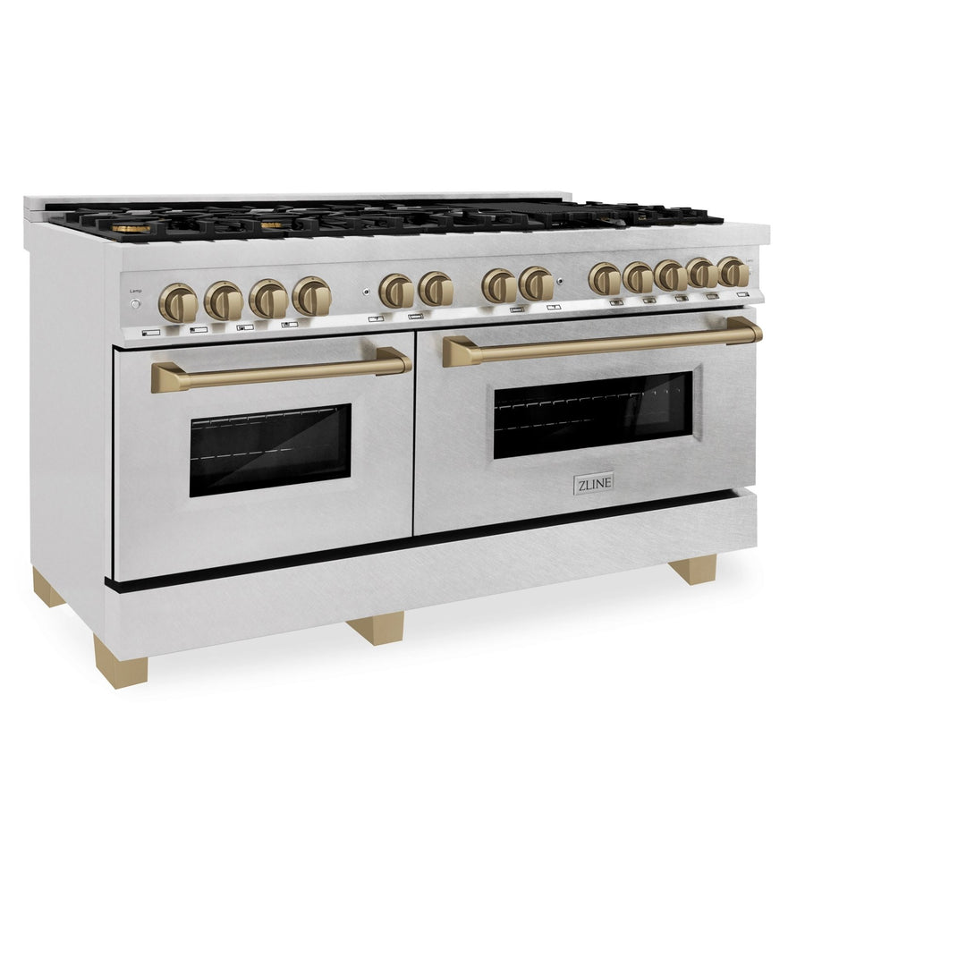 ZLINE Autograph Edition 60 in. 7.4 cu. ft. Legacy Dual Fuel Range with 9 Burner Gas Cooktop and 2 Electric Convection Ovens in Satin Stainless Steel and Champagne Bronze Accents (RASZ-SN-60-CB)