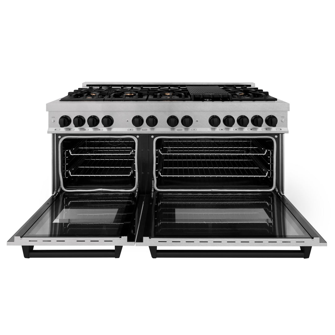 ZLINE Autograph Edition 60 in. 7.4 cu. ft. Legacy Dual Fuel Range with 9 Burner Gas Cooktop and 2 Electric Convection Ovens in Satin Stainless Steel and Matte Black Accents (RASZ-SN-60-MB)