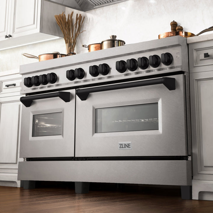 ZLINE Autograph Edition 60 in. 7.4 cu. ft. Legacy Dual Fuel Range with 9 Burner Gas Cooktop and 2 Electric Convection Ovens in Satin Stainless Steel and Matte Black Accents (RASZ-SN-60-MB)