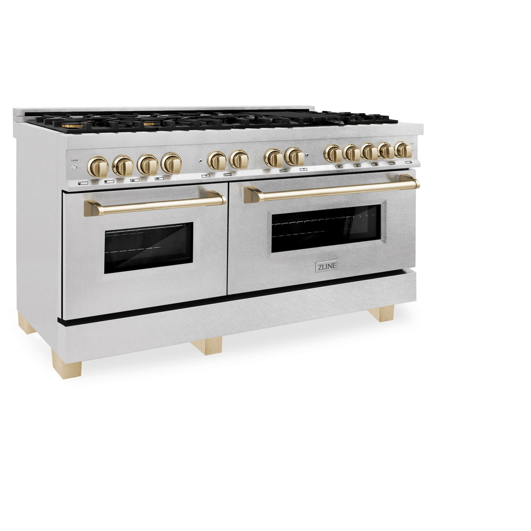 ZLINE Autograph Edition 60 in. 7.4 cu. ft. Legacy Dual Fuel Range with 9 Burner Gas Cooktop and 2 Electric Convection Ovens in Satin Stainless Steel and Polished Gold Accents (RASZ-SN-60-G)