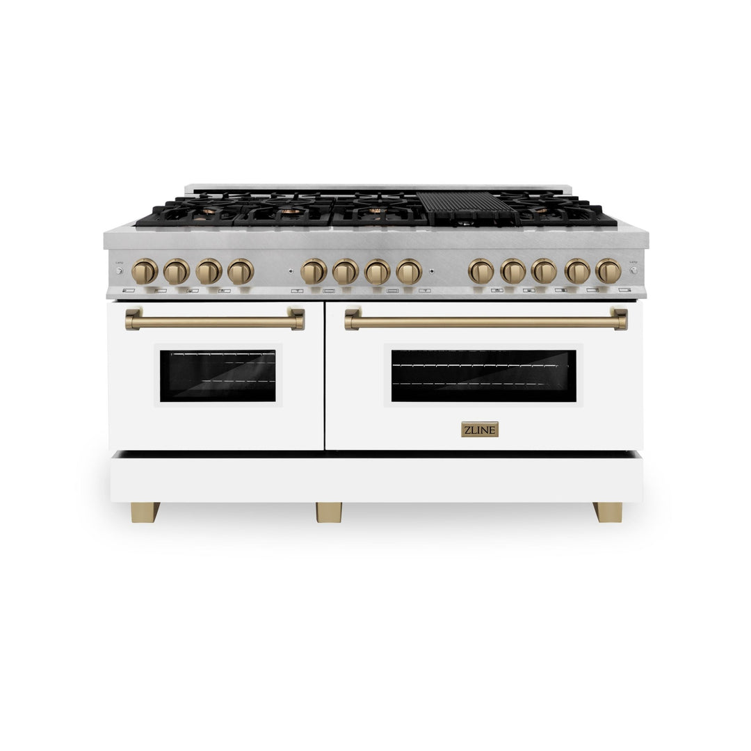 ZLINE Autograph Edition 60 in. 7.4 cu. ft. Legacy Dual Fuel Range with 9 Burner Gas Cooktop and 2 Electric Convection Ovens in Satin Stainless Steel with White Matte Doors and Champagne Bronze Accents (RASZ-WM-60-CB)