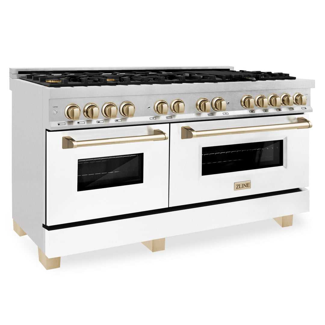 ZLINE Autograph Edition 60 in. 7.4 cu. ft. Legacy Dual Fuel Range with 9 Burner Gas Cooktop and 2 Electric Convection Ovens in Satin Stainless Steel with White Matte Doors and Polished Gold Accents (RASZ-WM-60-G)