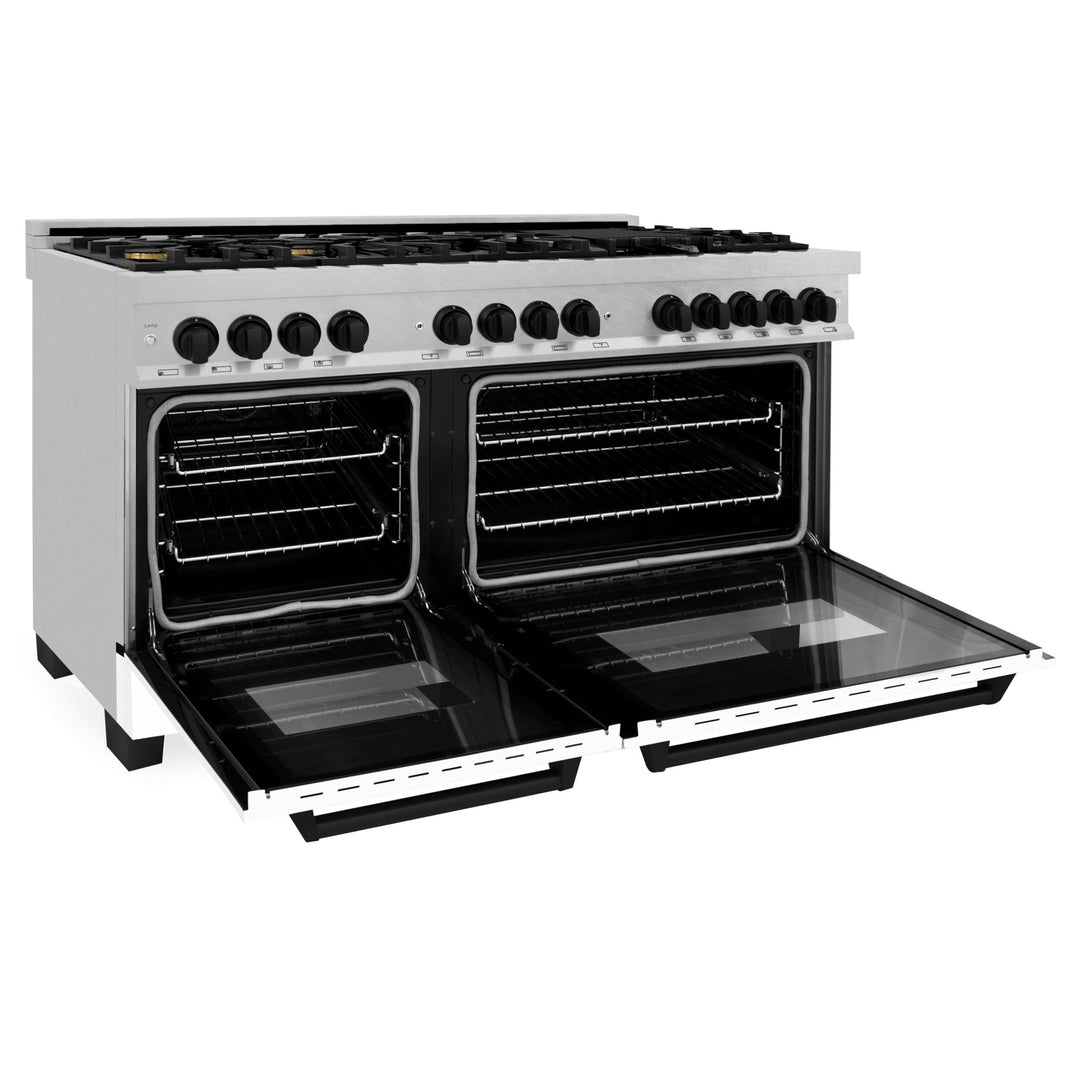 ZLINE Autograph Edition 60 in. 7.4 cu. ft. Legacy Dual Fuel Range with 9 Burner Gas Cooktop and 2 Electric Convection Ovens in Satin Stainless Steel with White Matte Doors and Matte Black Accents (RASZ-WM-60-MB)
