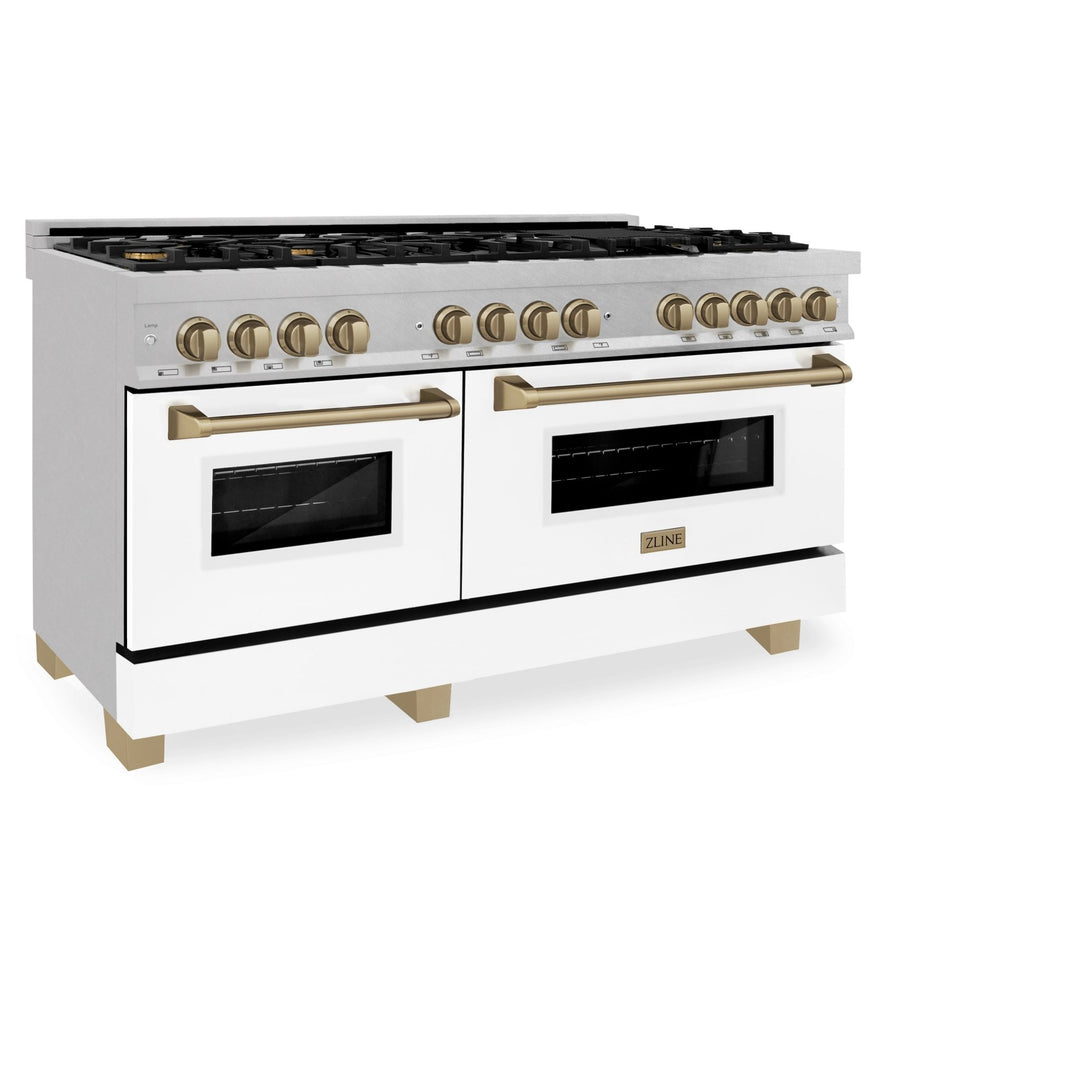 ZLINE Autograph Edition 60 in. 7.4 cu. ft. Legacy Dual Fuel Range with 9 Burner Gas Cooktop and 2 Electric Convection Ovens in Satin Stainless Steel with White Matte Doors and Champagne Bronze Accents (RASZ-WM-60-CB)