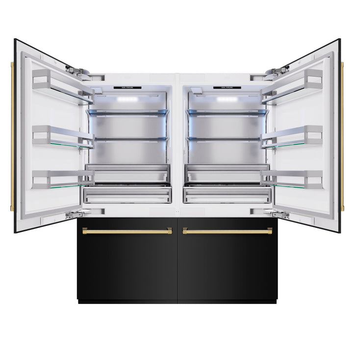 ZLINE Autograph Edition 72 in. 39.6 cu. ft. French Door Built-In Bottom Freezer Refrigerator with Water Dispensers and Ice Makers in Black Stainless Steel and Polished Gold Accents (RBITZ-BS-72-G)